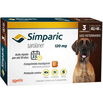 Antipulgas Simparic 120mg para cães de 40,1 a 60kg Embalagem com 3 comprimidos