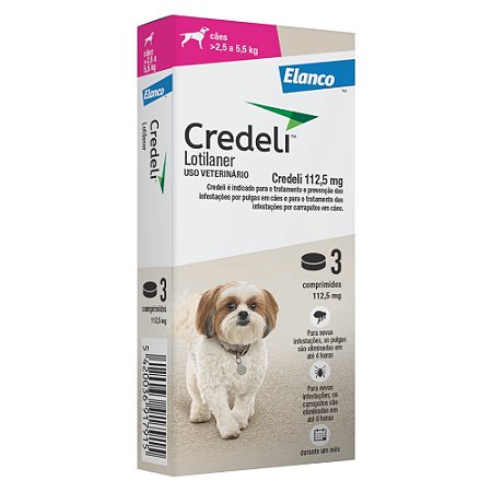 Antipulgas e Carrapatos Credeli 112,5mg Para cães de 2,5 a 5,5kg Embalagem com 3 comprimidos