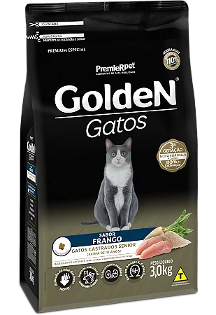 Golden Gatos Castrados Sênior 3Kg Sabor Frango, Arroz e Beterraba Branca