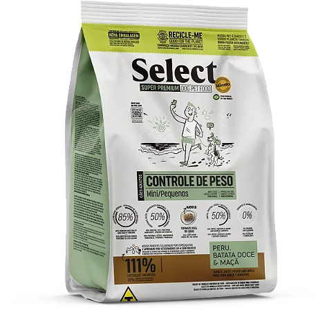 Ração Select By Monello Controle de Peso Cães Adultos Raças Pequena 2Kg Sabor Peru, Batata Doce e Maça
