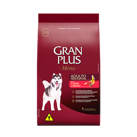Gran Plus Menu Cães Adultos Porte Grande 20Kg Sabor Carne e Arroz