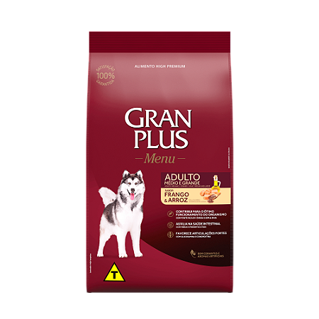 Gran Plus Menu Cães Adultos Porte Grande 20Kg Sabor Frango e Arroz