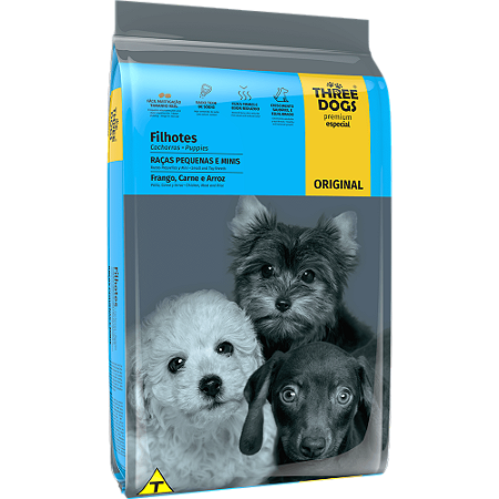Three Dogs Cães Filhotes Porte Pequeno 10,1Kg Sabor Frango, Carne e Arroz