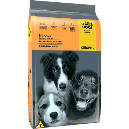 Three Dogs Cães Filhotes Porte Médio e Grande 10,1Kg Sabor Frango, Carne e Arroz