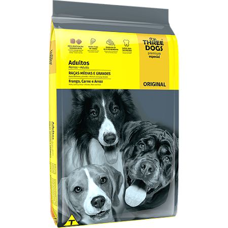 Three Dogs Cães Adultos Porte Médio e Grande 10,1Kg Sabor Frango, Carne e Arroz