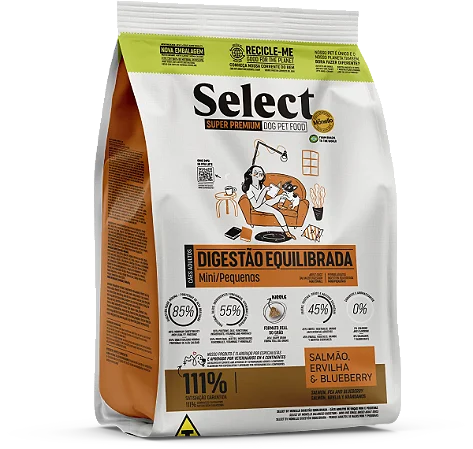 Ração Select By Monello Cães Adultos Digestão Equilibrada Raças Mini e Pequenas 2Kg Sabor Salmão, Ervilha e Blueberry
