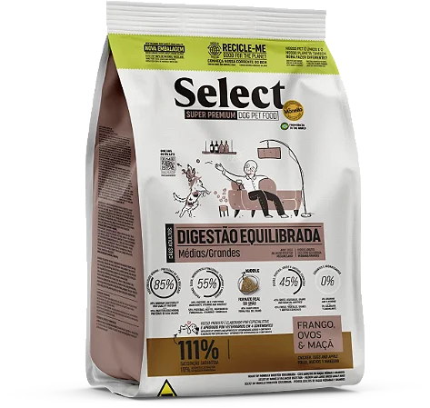 Ração Select By Monello Digestão Equilibrada Cães Adultos Raças Médias e Grande 2Kg Sabor Frango, Ovos e Maçã