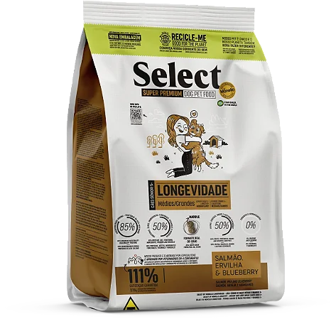Ração Select By Monello Longevidade Cães Sênior Raças Médias e Grande 5+ 2Kg Sabor Salmão, Ervilha e Blueberry