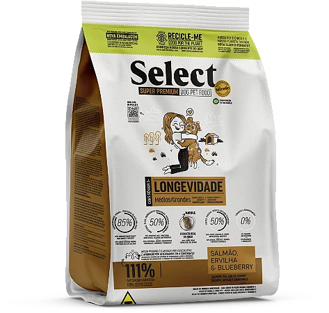 Select Super Premium Longevidade Cães Médios e Grandes 15kg - Sabor Salmão, ervilha e blueberry