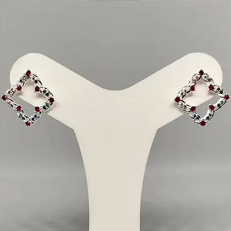 Brinco losângo cravejado colorido banhado a prata