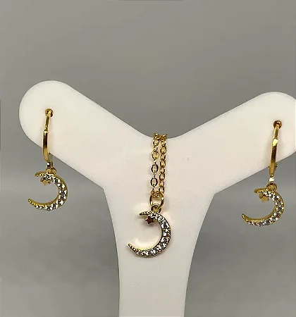 Conjunto argolinha lua cravejada banhada a ouro