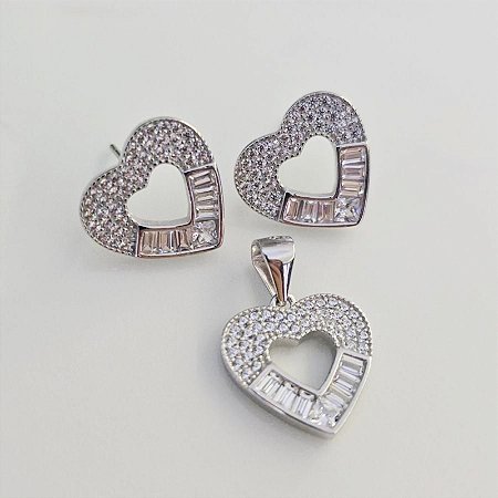 Conjunto Coração Metade Vitrilho com Ródio