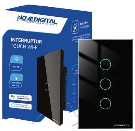 INTERRUPTOR INTELIGENTE TOUCH WI-FI 3 BOTOES PRETO  NOVA DIGITAL