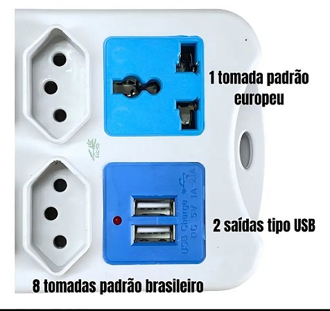 Filtro de Linha / Múltiplo Extensor B-MAX – 8 Tomadas + 2 Portas USB + 1 Tomada Universal (Cabo de 2m)