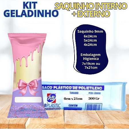 Kit Geladinho: Saquinho Interno 0,09mm + Embalagem Higienica 7x19cm Sacolé Dindin Chup-chup