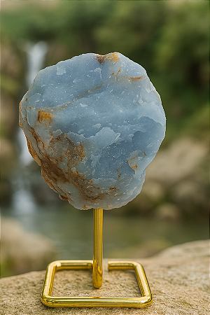 Pedra Angelita Bruta com Base Dourada - Energia e Elegância para Seu Espaço