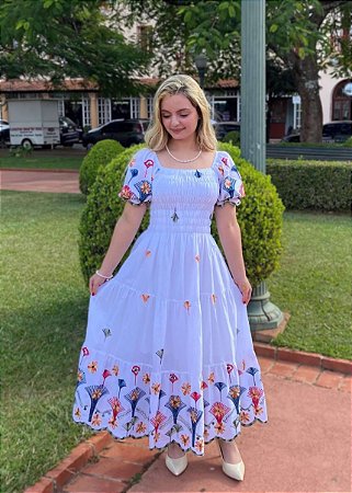 Vestido Supermidi Elisângela Branco Bordado