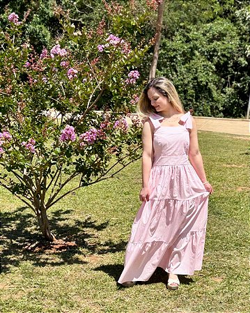 Vestido Longo Cecília Listrado Rosa Claro