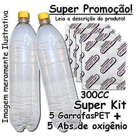 Kit com 5 garrafas pets 2L + 5 Absorvedores de oxigênio AbsorKing de 300cc potente
