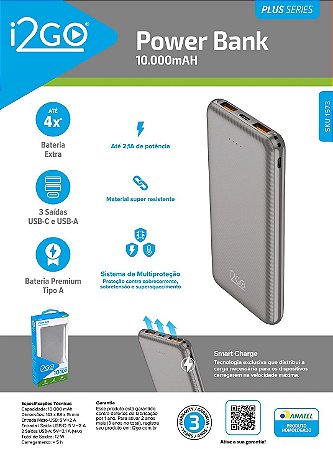 Carregador Portátil ORIGINAL (Power Bank) I2GO 10.000mAh 2 Saídas USB + 1 Saída USB-C Preto