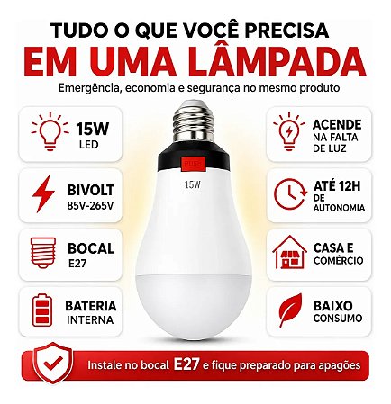 LÂMPADA LED DE EMERGÊNCIA 15W duração de até 12H RECARREGÁVEL