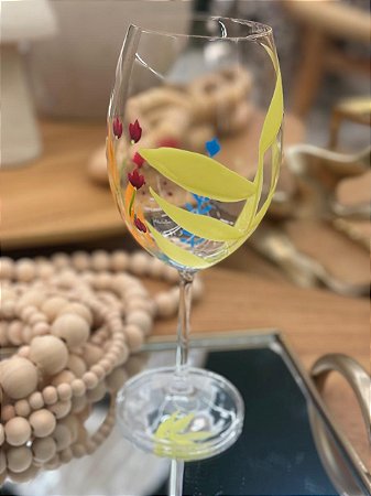 Taça Vinho Cristal Folhas Amarelas