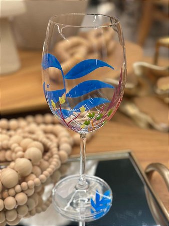 Taça Vinho Cristal Folhas Azuis