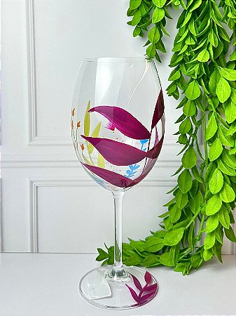 Taça Vinho Cristal Folhas Roxas