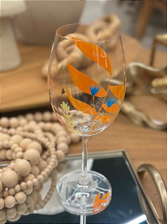 Taça Vinho Cristal Folhas Laranjas