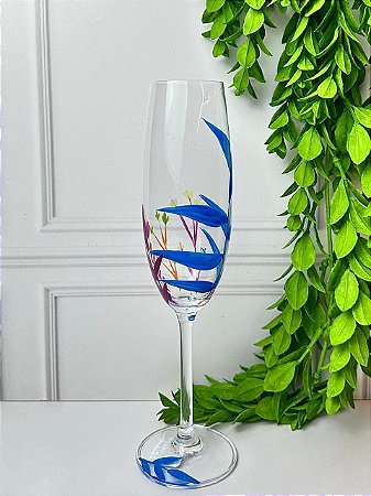 Taça de Champanhe Cristal Folhas Azuis