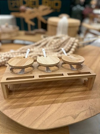 Conjunto 3 Porta Tempero Vidro Suporte Bambu