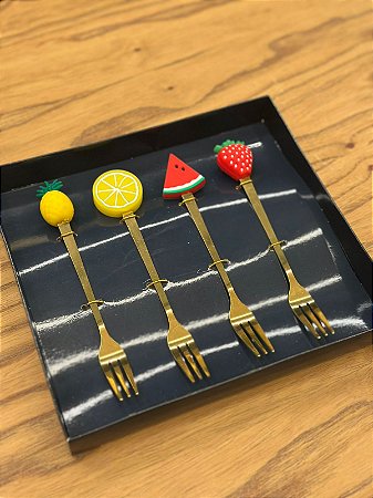 CJ 4 Garfos Aço Inox P/Cha Fruit Dourado