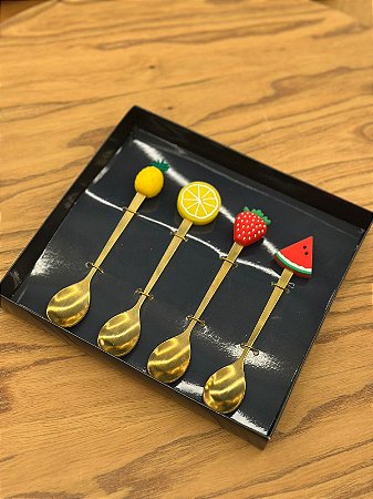 CJ 4 Colheres Aço Inox P/Cha Fruit Dourado