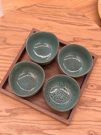 Petisqueira Madeira Ceramica Verde C/4 Bowl