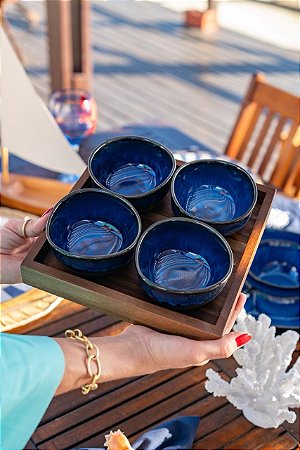 Petisqueira Madeira Ceramica Azul C/4 Bowl
