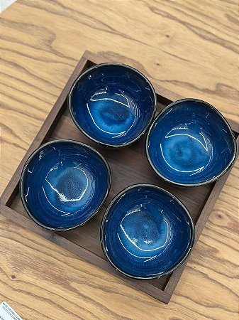 Petisqueira Madeira Ceramica Azul C/4 Bowl