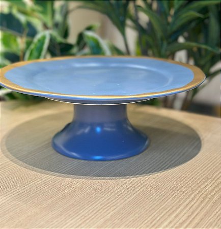 Prato Bolo c/ pé Azul Filete Amassada