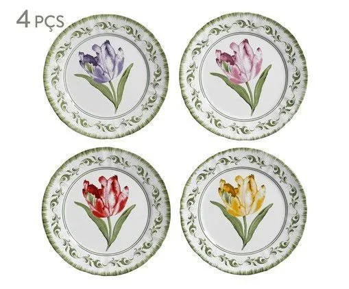 Jogo de 4 Pratos Rasos Tulipa (Amarela,Vermelho,lilás e Rosa)