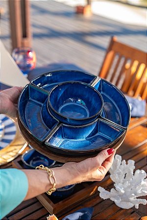 Cj travessa cerâmica oval azul 5 peças