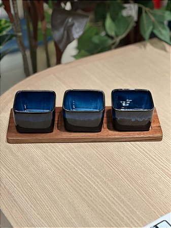 Set porta aperitivo cerâmica azul 3 peças