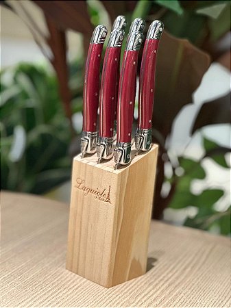 Cj 6 facas luxo c/ suporte madeira bordeau