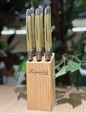 Cj 6 facas luxo c/ suporte madeira marfim