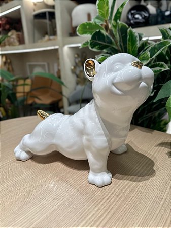 Escultura em cerâmica cachorro com dourado