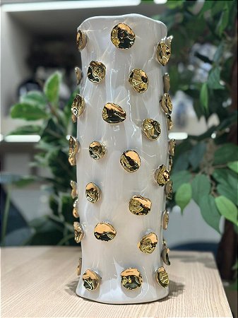 Vaso cerâmica branco e dourado