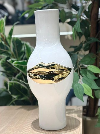 Vaso cerâmica branco e dourado