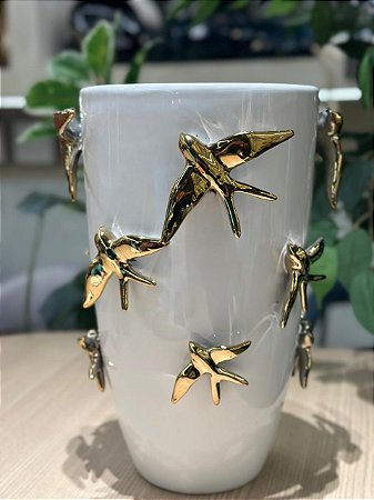 Vaso cerâmica pássaros br dourado