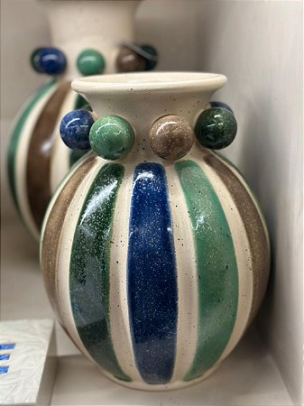 Vaso decor cerâmica bege esfera listra