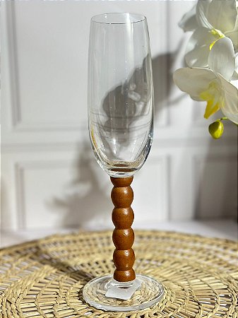 Taça champagne vidro haste madeira
