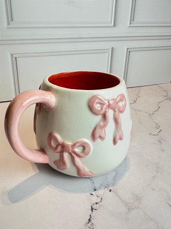 Caneca decorativa laço branco rosa