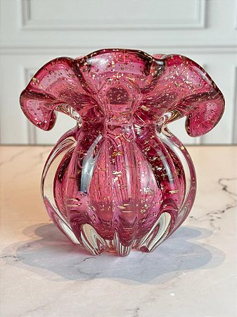 Vaso de vidro Italy rosa e dourado